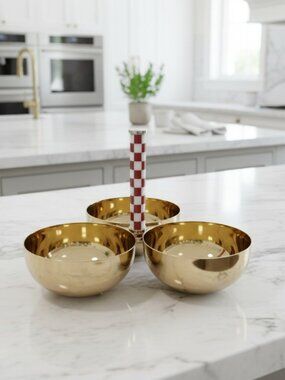 Tahari Home Gold Stainless Steel 3 Bowl Nut Dish Brown White Checkered Handle